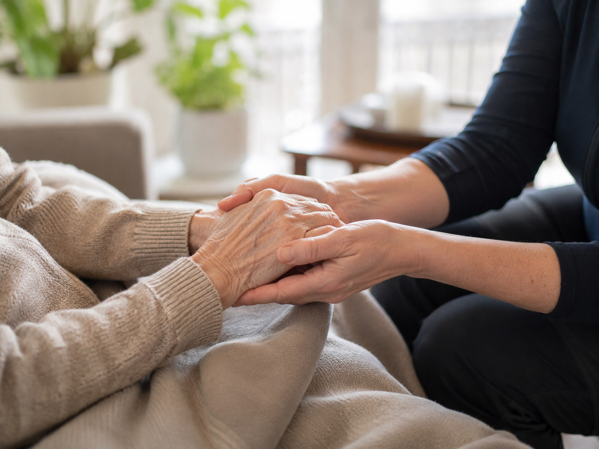 Seniorin käsiä pidetään lempeästi kotona